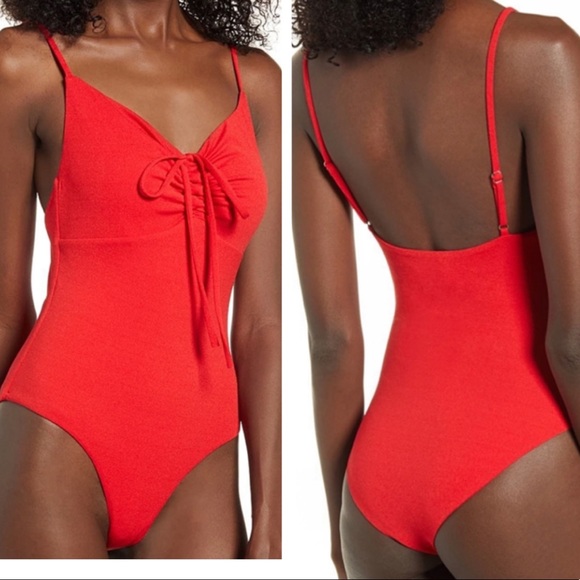 NWT (L) Tiger mist red ruched bodysuit adjustable straps tie front halatian - Picture 2 of 12